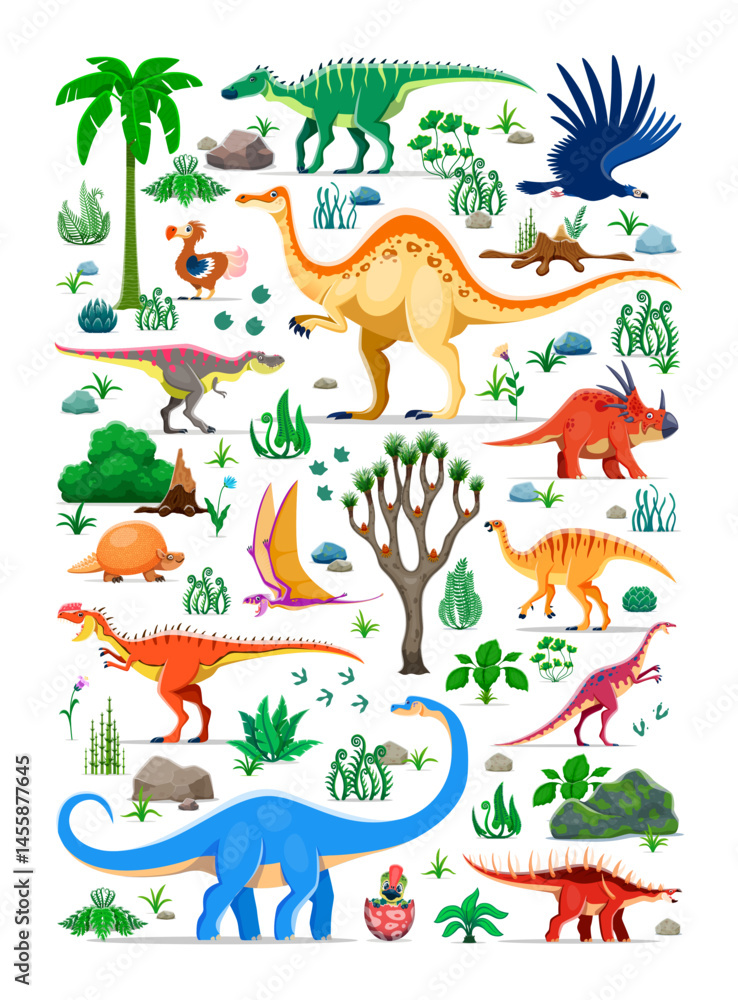 Obraz premium Cartoon prehistoric dinosaur animals, reptiles and baby dino in egg characters. Vector jurassic camptosaurus, argentavis, raphus and dimorphodon, styracosaurus, kentrosaurus and tarbosaurus dinosaurs