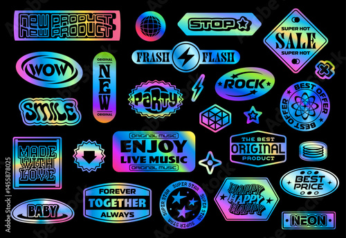 Iridescent hologram y2k groovy stickers, retro holographic patch labels. Rainbow gradient silver foil vector hologram stickers with retro groovy shapes and y2k globes, arrows, stars and lightnings
