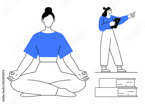 Woman meditating in seated yoga pose and another pointing while holding a tablet near books. Ideal for mindfulness, education, balance, focus, calm, self-improvement, simple landing page