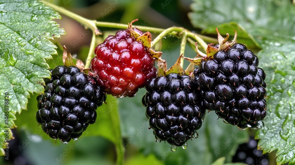 Fresh blackberries and one red, on a branch Fresh blackberries and one red, on a branch