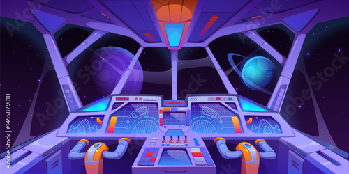 Spacecraft dashboard or spaceship cockpit interior with control panel, cartoon vector. Space game rocket or spaceship cockpit of spacecraft or galaxy shuttle cabin window with dashboard