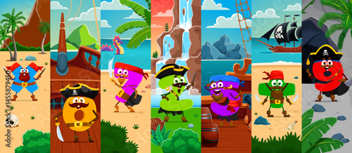 Cartoon math number pirate and corsair characters collage. Vector funny mathematics symbol pirate captain, sailor and skipper personages on treasure island and corsair sail ship with black flags
