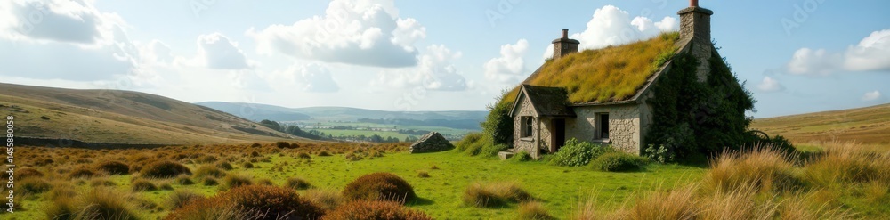 Obraz premium Overgrown, crumbling cottage on desolate Bodmin Moor , photo, lonely