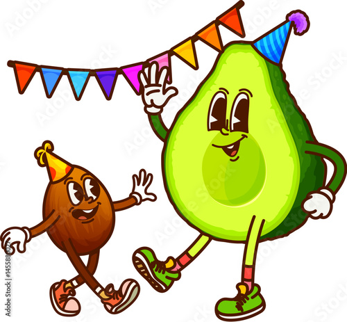 Cartoon groovy Mexican avocado characters at birthday party, vector funny personage. Retro cartoon groovy avocado and seed kid in birthday cap hat with happy smile for fiesta party or cute emoji