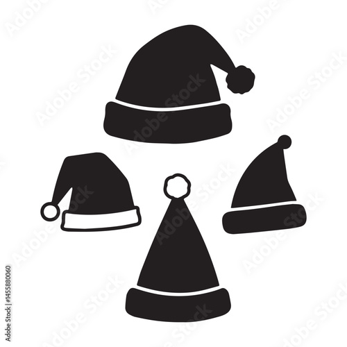 A set of black Santa Claus hat silhouettes isolated on a white background.