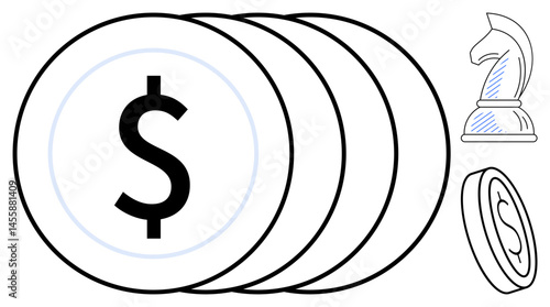 Stacked coins with prominent dollar sign represent finance, alongside chess knight symbolizing strategy. Ideal for investment, savings, business, planning, economy, wealth decision-making. Flat