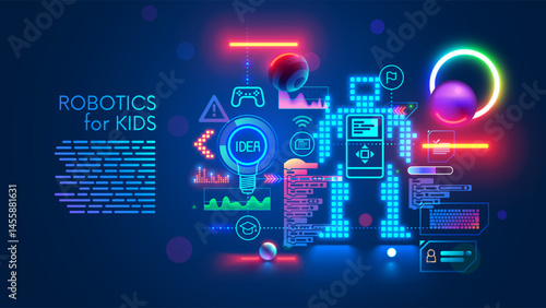 Programming of robots for kids. Kids learning to coding, programming in online IT school. Engineering courses in internet for children. Kids studying engineering, robotics technology, programming, AI.