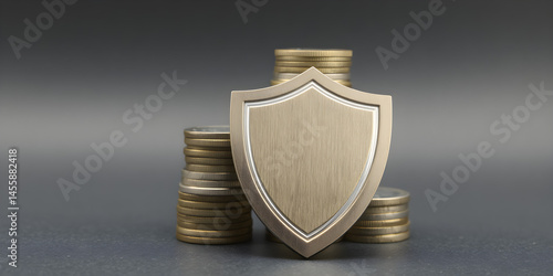 A metallic shield stands prominently in front of a tall stack of coins, symbolizing financial security. The background features a textured dark surface, enhancing the visual