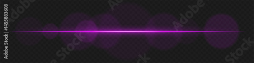 Purple horizontal lens flare with soft circular glow on transparent background. Abstract glowing beam ideal for sci-fi visuals, futuristic HUD elements, light effects.