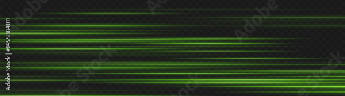 Green motion blur light streaks forming horizontal stripes on dark transparent background. Abstract speed lines for dynamic UI and fast-moving digital designs.
