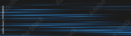 Blue speed light lines in motion blur style. Horizontal glowing streaks on dark background ideal for neon UI, energy trails, and futuristic tech elements.