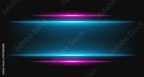 Pink and blue glowing horizontal beams on transparent background. Bright layered lights perfect for digital HUD, sci-fi UI borders, and visual accents.