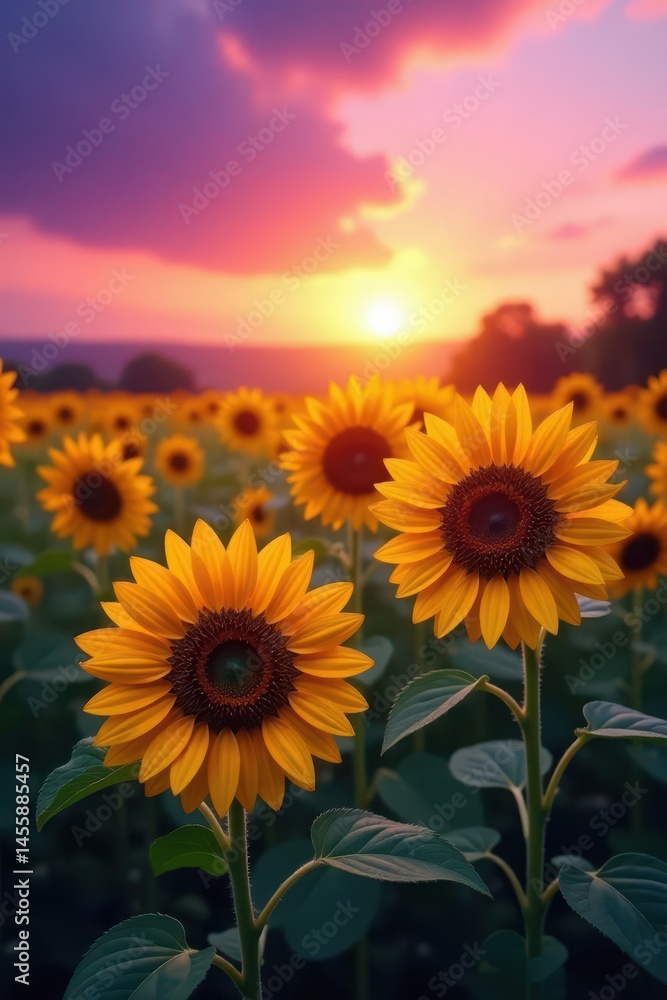 Obraz premium Golden sunflowers bask in violet twilight glow , rural, peace