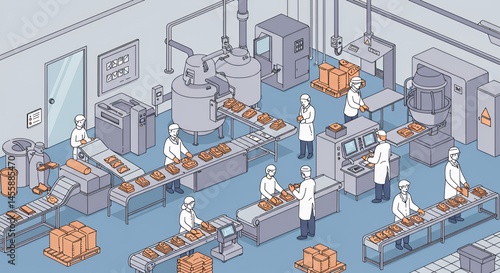 Isometric Illustration of a Modern Food Processing Plant: Workers in White Coats Efficiently Package Products on Assembly Lines, Highlighting Automation and Hygiene in Food Manufacturing