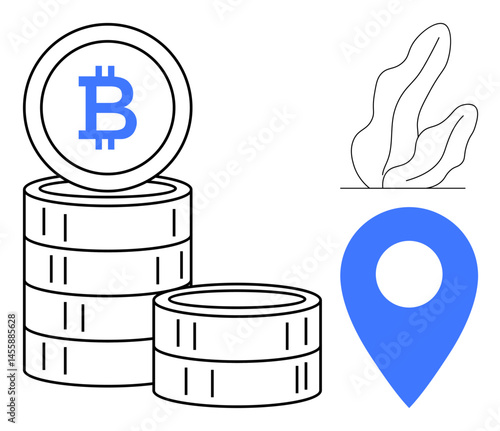 Stacked Bitcoin coins with blue location marker and abstract leaf graphics. Ideal for finance, cryptocurrency, digital assets, blockchain, investment, fintech concepts, simple landing page