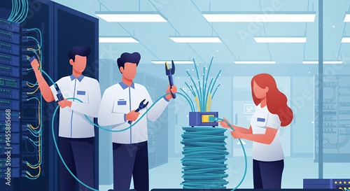 Teamwork in Data Center: Technicians Collaboratively Managing Network Cables and Servers