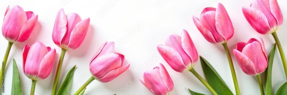 Fototapeta premium Pink tulips scattered on white, vibrant blooms , macro, still life