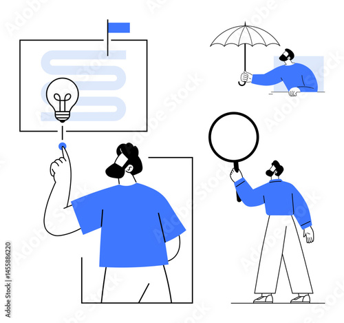 Person pointing at a glowing bulb signifying ideas, another holding an umbrella for protection, and one examining with a magnifying glass. Ideal for creativity, innovation, exploration, safety