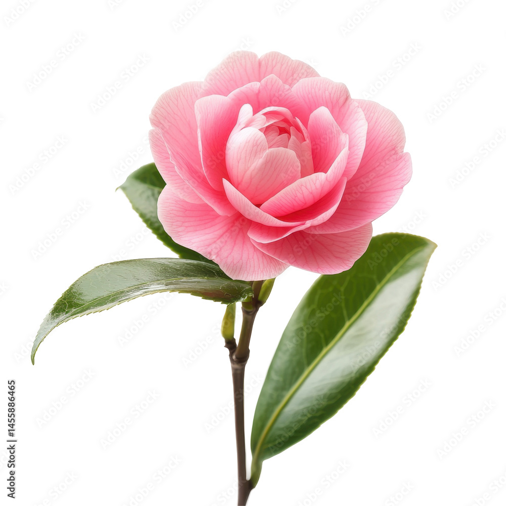 Fototapeta premium Beautiful pink camellia flower with green leaves against a plain background