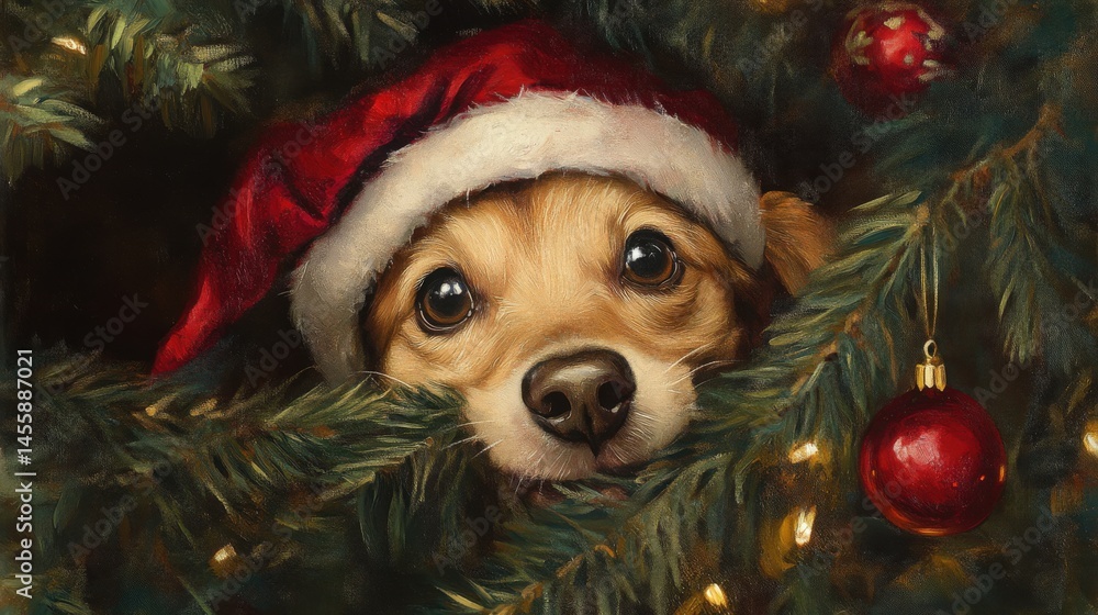 Festive dog peeking from a decorated Christmas tree. Festive dog peeking from a decorated Christmas tree.