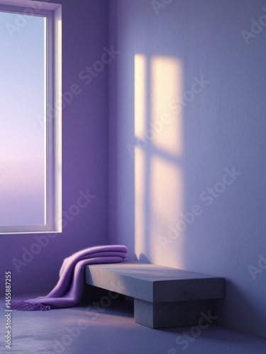 Home interior design showcasing minimalist lavender room with concrete bench and soft textured home decor accents in serene natural light
