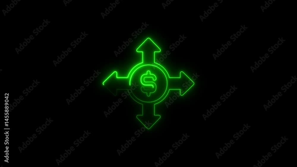 Illuminated neon dollar sign surrounded by arrows representing financial movement Illuminated neon dollar sign surrounded by arrows representing financial movement