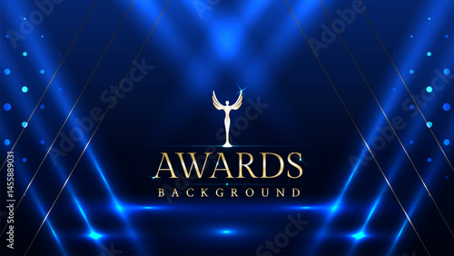 Dark blue luxury awards graphics background with light neon elegant shine spotlight effects. Premium corporate abstract design template. Banner certificate dynamic shape