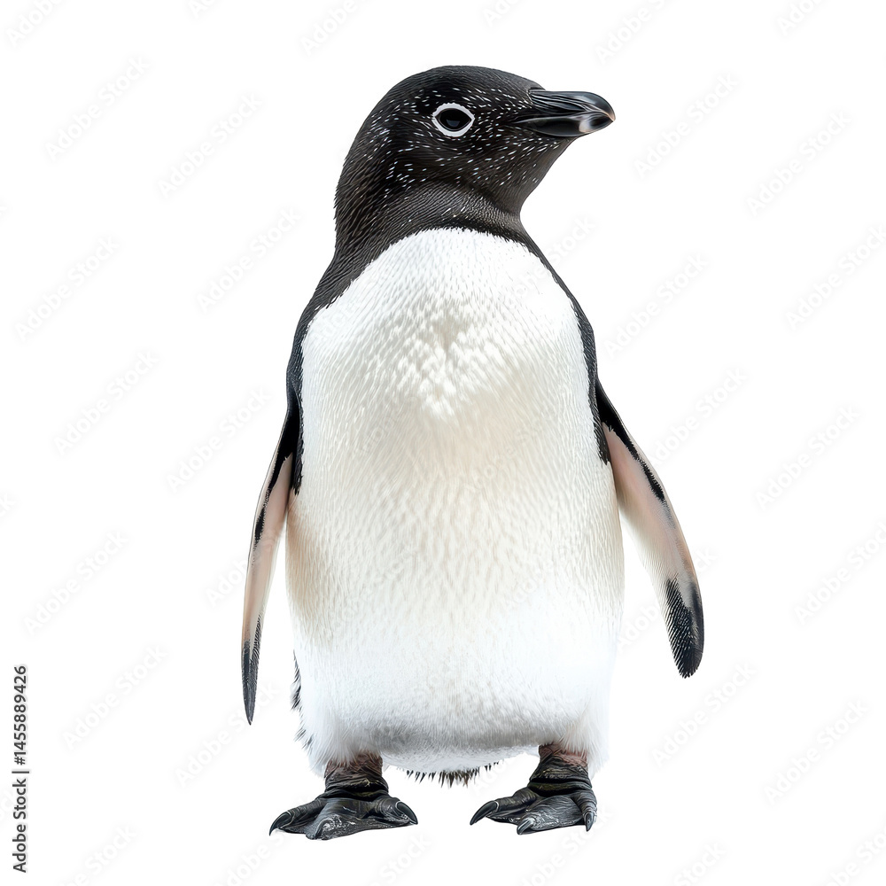 Fototapeta premium Adélie penguin stands upright with flippers at the ready in a snowy setting