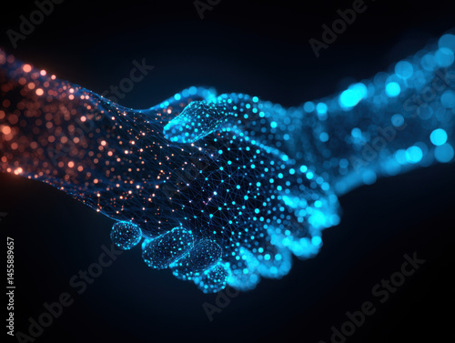 Digital representation of handshake symbolizes corporate alliance and collaboration, showcasing interconnectedness through glowing particles and vibrant colors