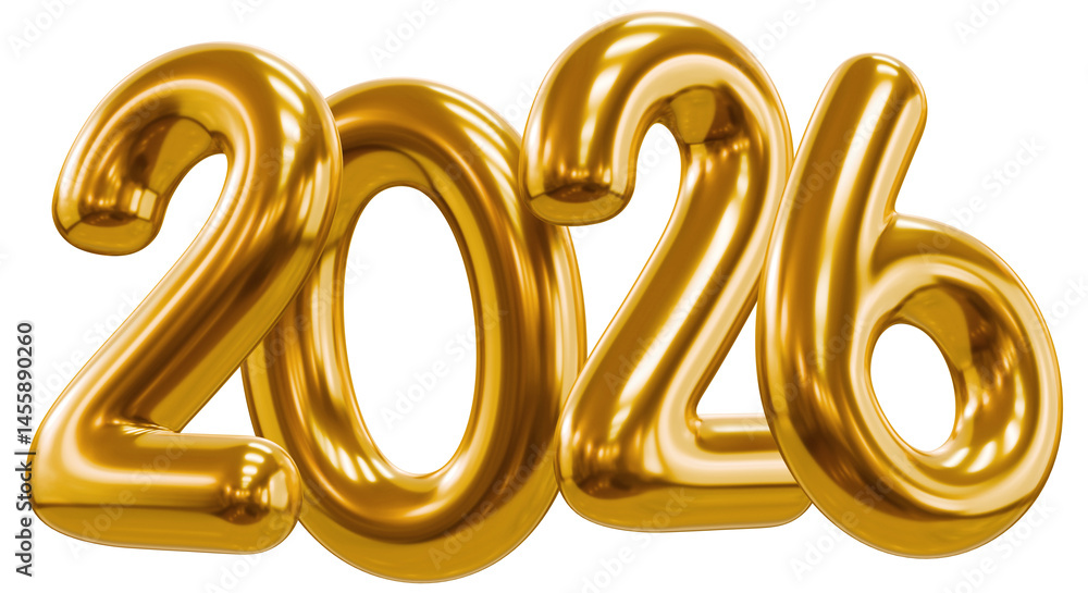 2026 New Year, 3d realistic glossy golden numbers 2026, text isolated on transparent background 2026 New Year, 3d realistic glossy golden numbers 2026, text isolated on transparent background