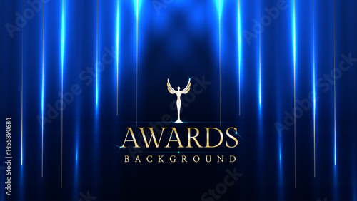 Dark blue luxury awards graphics background with light neon elegant shine spotlight effects. Premium corporate abstract design template. Banner certificate dynamic shape