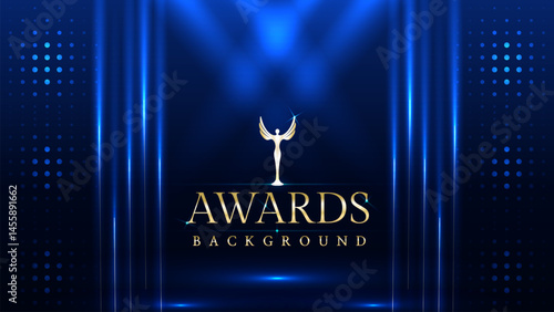 Dark blue luxury awards graphics background with light neon elegant shine spotlight effects. Premium corporate abstract design template. Banner certificate dynamic shape