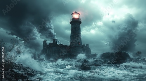 An old lighthouse battered by a fierce storm, waves crashing against its base, a symbol of resilience.