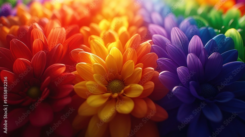 Obraz premium Rainbow colored flowers in close-up. Bright petals in spectrum hues, focused on center