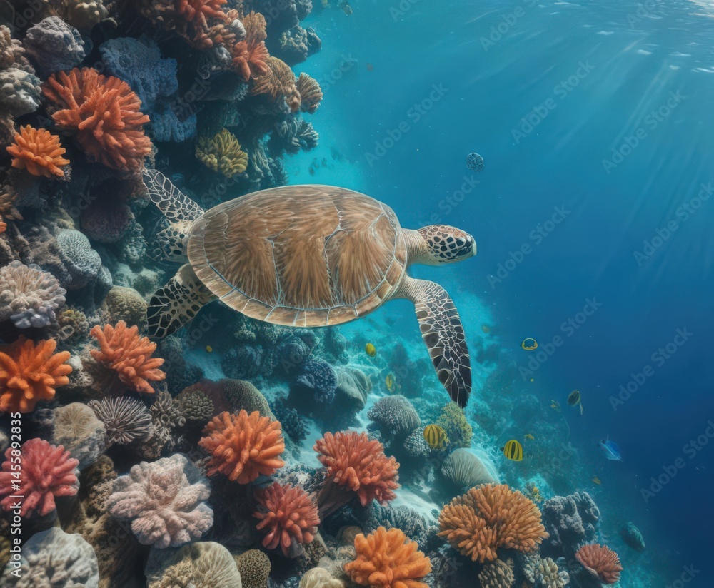 Obraz premium A green sea turtle glides amidst a kaleidoscope of coral and blue water , blue ocean, sea life