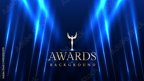Dark blue luxury awards graphics background with light neon elegant shine spotlight effects. Premium corporate abstract design template. Banner certificate dynamic shape