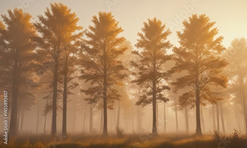 Golden hour, fog blankets towering trees, rustic charm ,  vintage,  sunlight,  golden hour