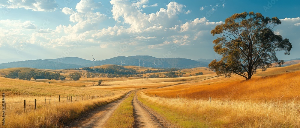 Obraz premium Dirt road cuts through dry grassy field leading toward rolling hills beneath partly cloudy sky, creating serene vista.