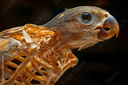 Close-up of a parrot's skeletal structure, showcasing the intricate arrangement of bones