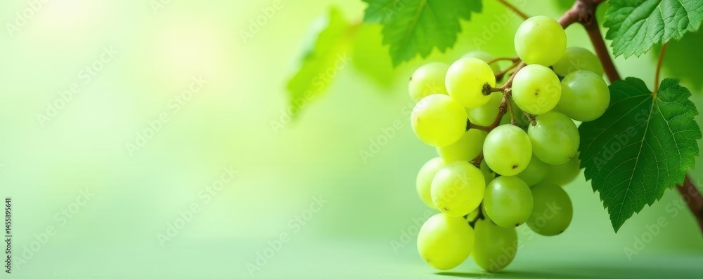 Obraz premium Fresh green grapes with vine leaves, light background , leaf, ripe