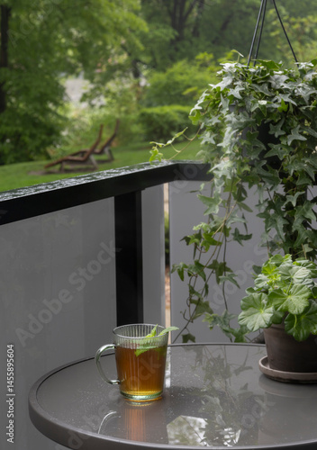 cup of black  tea on balcony in rain