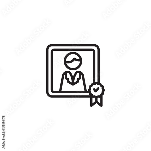 A person icon in a frame with a checkmark ribbon, symbolizing certification, achievement, or recognition of an individual.