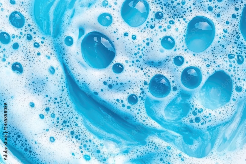 Close-up of vibrant blue soapy suds with white foam, large bubbles Close-up of vibrant blue soapy suds with white foam, large bubbles