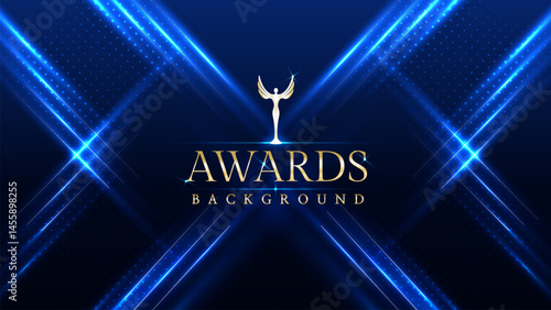 Dark blue luxury awards graphics background with light neon elegant shine spotlight effects. Premium corporate abstract design template. Banner certificate dynamic shape