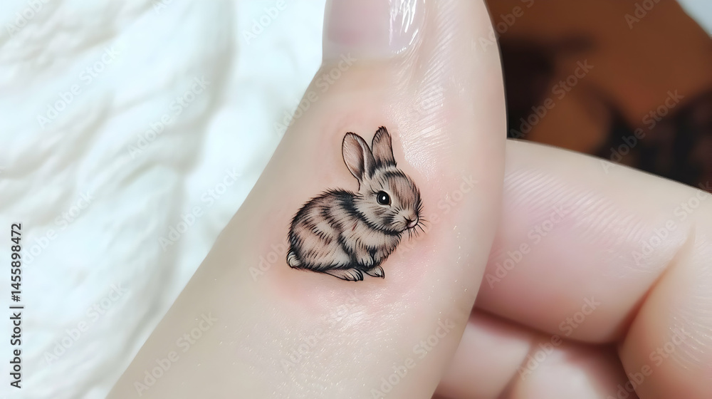 Obraz premium Tiny rabbit tattoo on thumb. Detailed line work depicts a cute, light brown bunny
