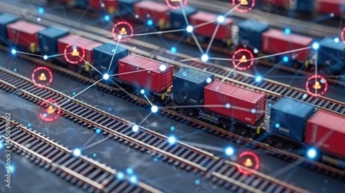 Freight train transporting cargo containers across multiple tracks connected by glowing digital network, symbolizing AI-driven supply chain forecasting and scalable logistics for e-commerce.