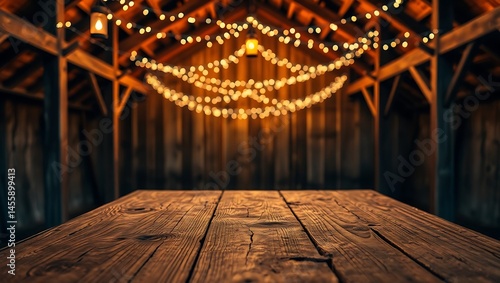 Wooden table in a rustic barn setting with string lights and lantern hanging from the wooden beams above copy space