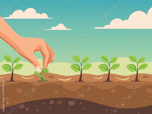 Hand planting with sprouts starting to grow