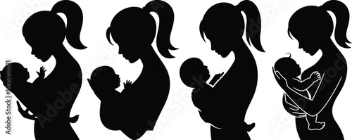 Silhouette of Pregnant Woman Showing Stages of Pregnancy in Profile View with Black and White Stylized Minimalist Vector Art Design