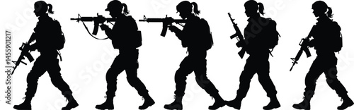 Silhouette Soldiers Marching in Formation with Combat Gear and Rifles in Black and White High Contrast Tactical Military Illustration